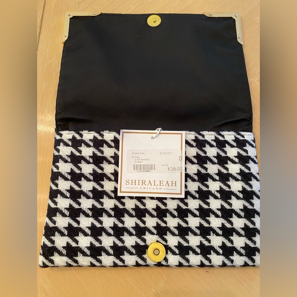 Brand new Shiraleah houndstooth black white gold hardware fold over clutch -